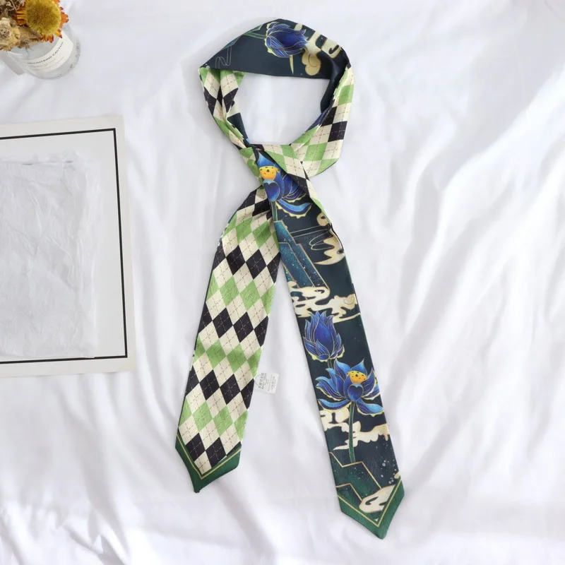 New Summer Print  Lotus Small Scarf Handle Bag Ribbons Fashion Head Scarf Small Long Skinny Scarves Headbands Scarf For Women