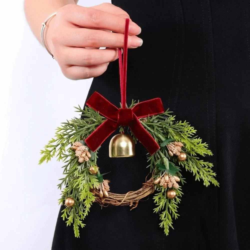 Velvet Bow Christmas Wreath Metal Bell Pine Cones Door Garland Branch Ring Artificial Greenery Xmas Tree Hanging Ornaments