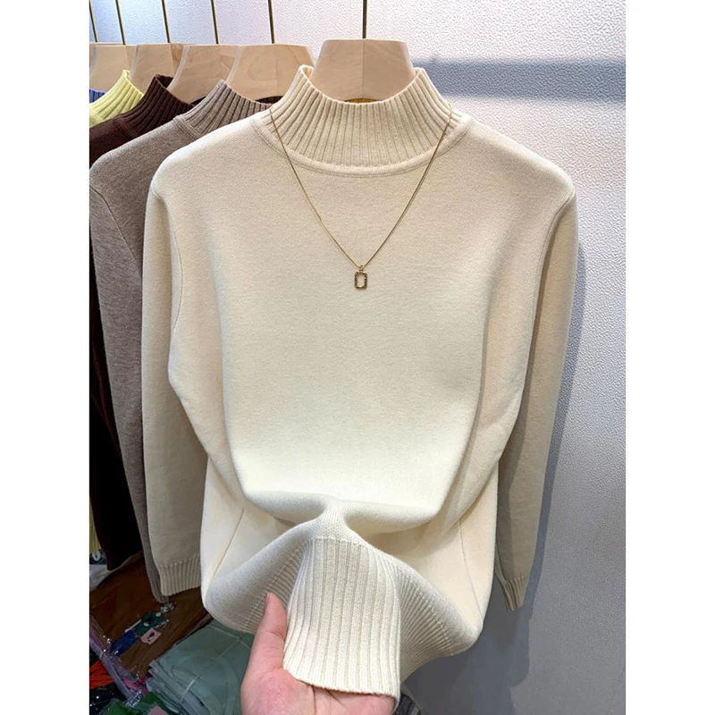 Casual Basic Sweater Women Solid Mock Neck Knitted Pullover Oversized Long Sleeve Knitwear Top All Match Autumn Winter Jumper
