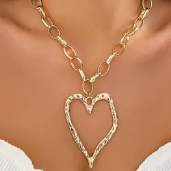 Obega Big Hollowout Heart Pendant Necklaces Women Gold SIlver Color Thick Chains Metal Love Heart Design Women Necklace Jewelry