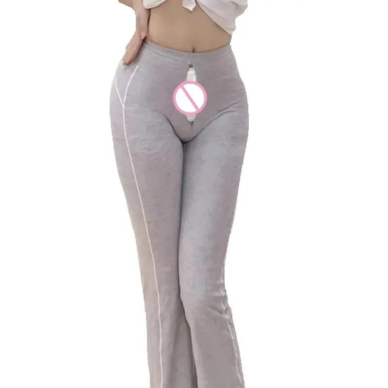 Woman Sexy Open Crotch Pants Loose Leg Trousers Panties with Hidden Zippers Crotchless Skinny Leggings Outdoor Sex Costume