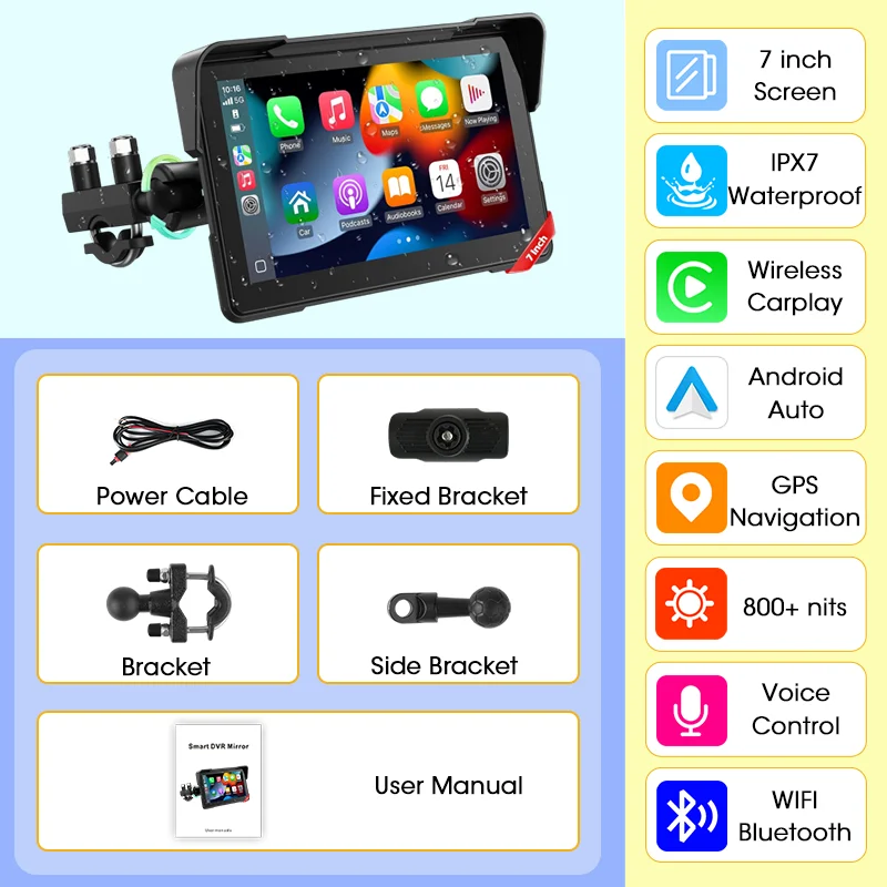 Srnubi 7 inch groot scherm motorfiets Carplay Android Auto draagbaar digitaal moto-dashboard Moto DVR BT GPS-navigatie met TPMS