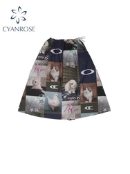 Women Patchwork Skirt Vintage Y2k Aesthetic Cute Graphic Print Skirt Harajuku Korean Fashion Elegant Skirts 2000s Clothes Summer