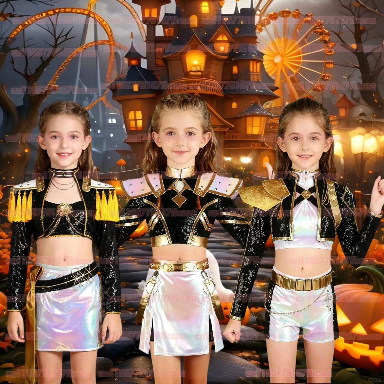 Kinder K-POP Dämon Jäger Cosplay Rumi Zoey Mira Schwarz Bühne Uniform Halloween Kostüme Frauen Top Rock Jacke Kopfbedeckung Perücke