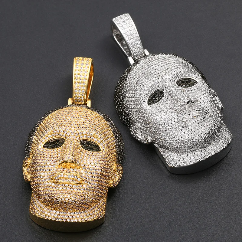 Hip Hop Micro Paved AAA Cubic Zirconia Iced Out Bling Human Head Mask Pendants Necklace for Men Rapper Jewelry Gold Silver Color