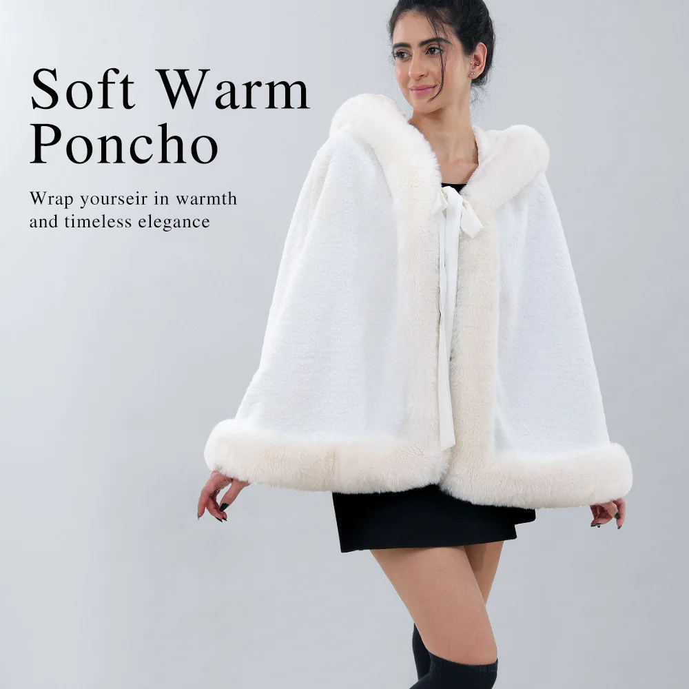 Nuevo Poncho de Invierno para Mujer con Capucha de Piel Sintética, Forro Polar, Chal Cálido, Capa Abierta, Ropa Exterior para Combinar con Vestidos y Atuendos Diarios