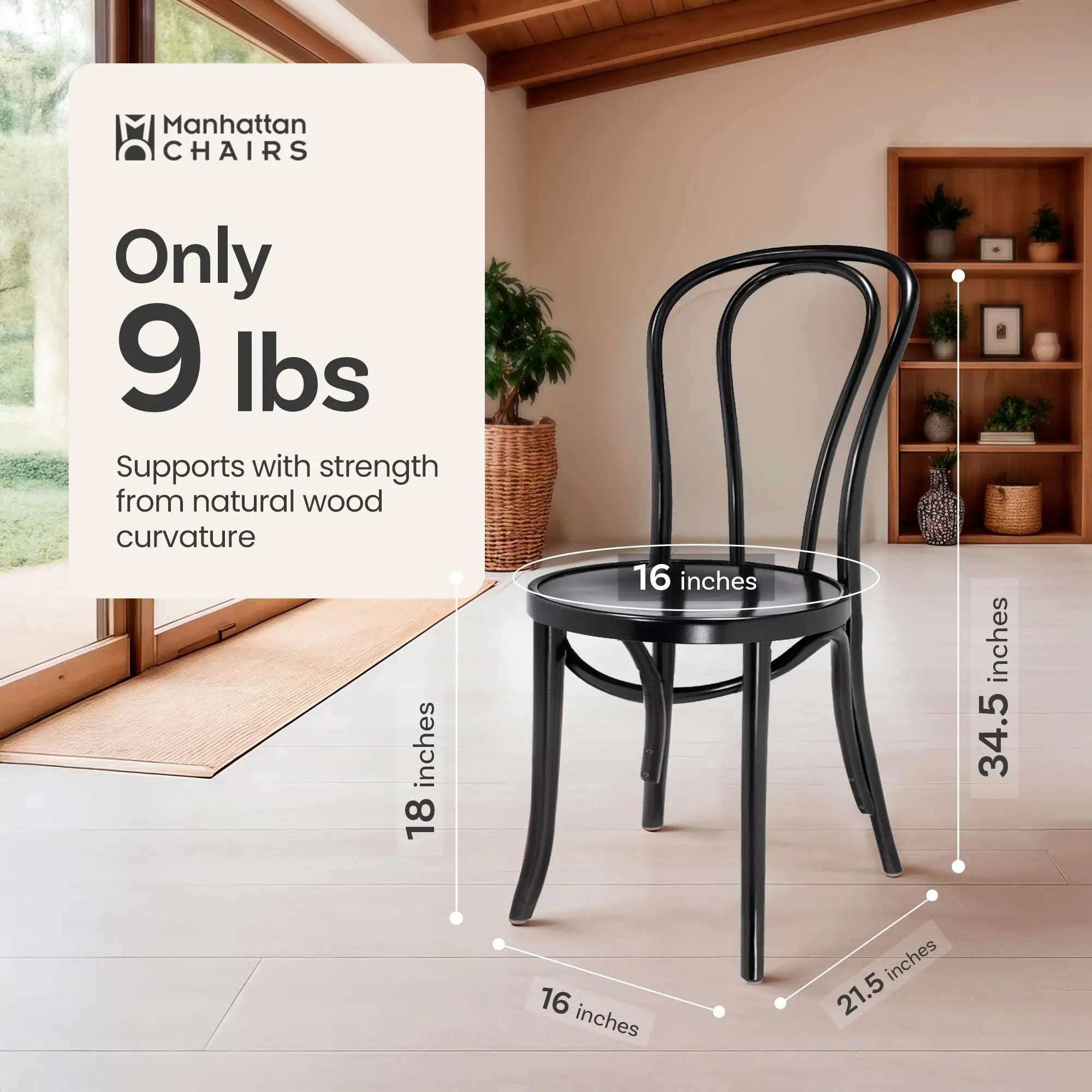 1018 Hairpin Bentwood Dining Chairs Set of 2 | Natural Handcrafted Wood Frame, Rustic Indoor Furniture | Wooden Chair