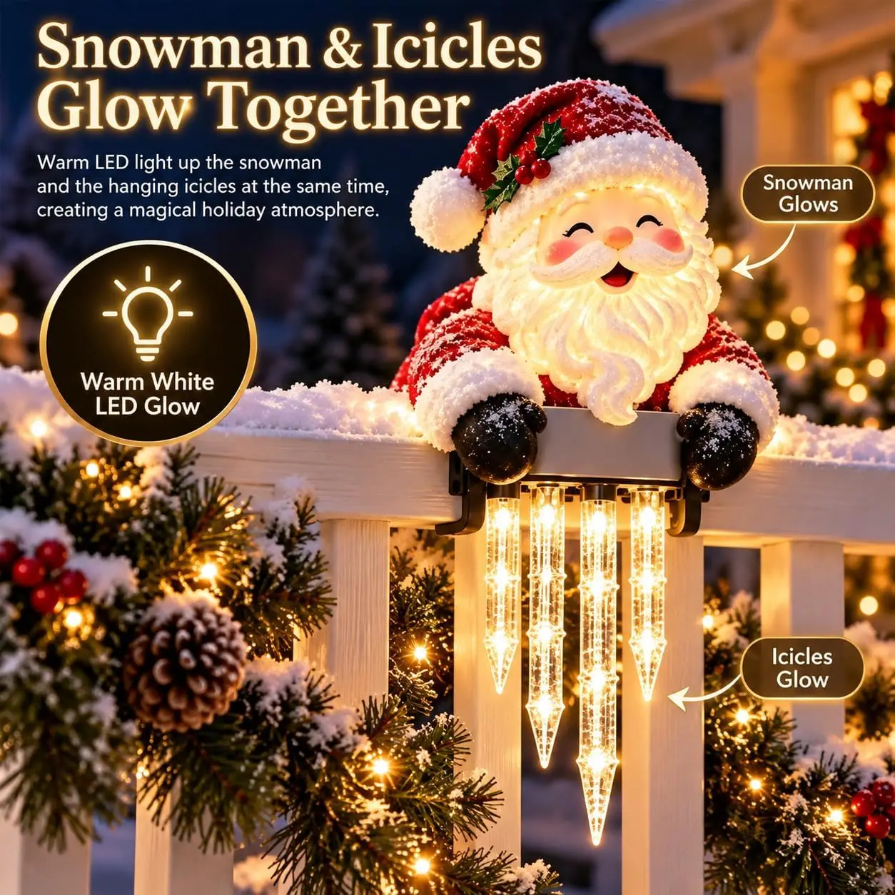 Snowman Icicle String Lights, Hanging Christmas LED Decor for Porch, Balcony,Deck,Stair Railing,Fence & Outdoor Holiday Display