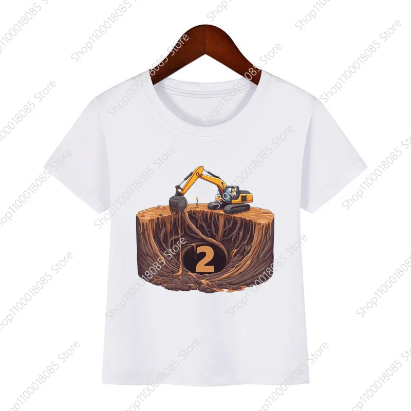 Kids Excavator Printed Birthday T-shirt 1-10 Birthday Top Boys and Girls Car Theme Party Short Sleeved Shirt