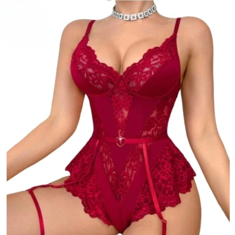 

Women's Nightwear Summer Dress Sexy Lace Lingerie Net Fabric Spliced Deep V See-through One-piece Dress Women Nightwear