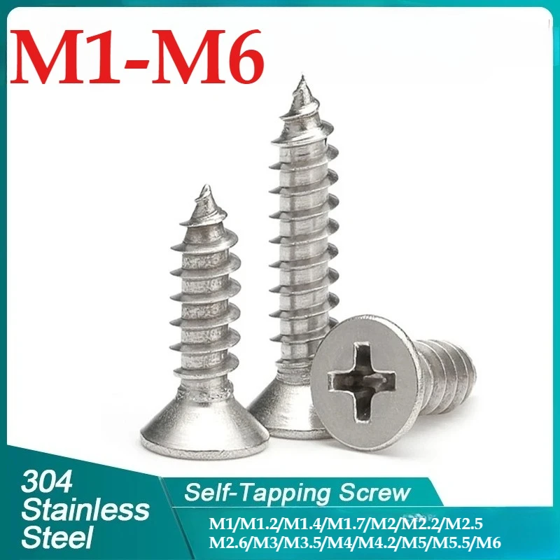 

M1 M1.2 M1.4 M1.7 M2 M2.2 M2.3 M2.6 M4 M4.2 M5 M5.5 M6 304 Stainless Steel Phillips Recessed Countersunk Head Self Tapping Screw