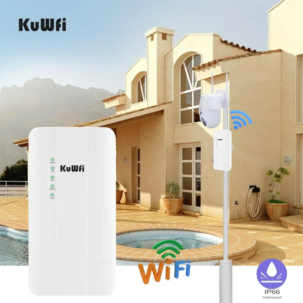 Enrutador KuWFi para exteriores 4G LTE, enrutador CPE inalámbrico de alta potencia de 300Mbps, enrutador Wi-fi CAT4 con adaptador POE de 24V para