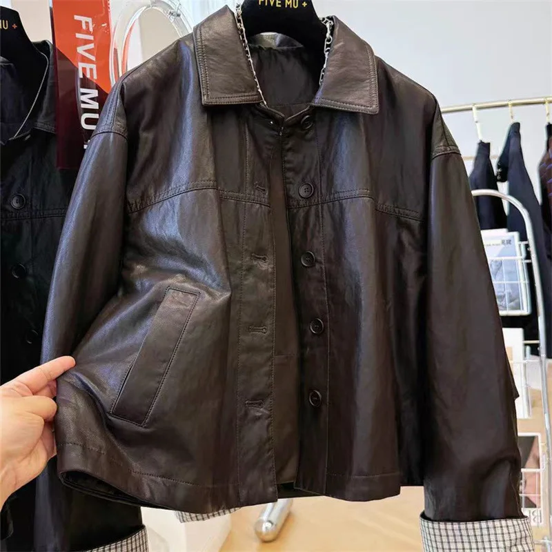 

Spring Autumn 2026 Casual Korean Style Short Leather Jacket Women's Outerwear Flip Collar Biker Coat Stylish And Attractive