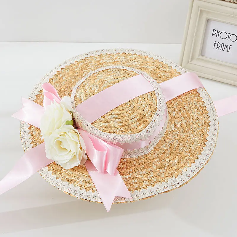 Sweet Lolita Straw Hats Medieval Vintage Floral Silk Ribbon Tea Party Women Caps Cosplay Accessories Prairie Chic Lace Flat Hat