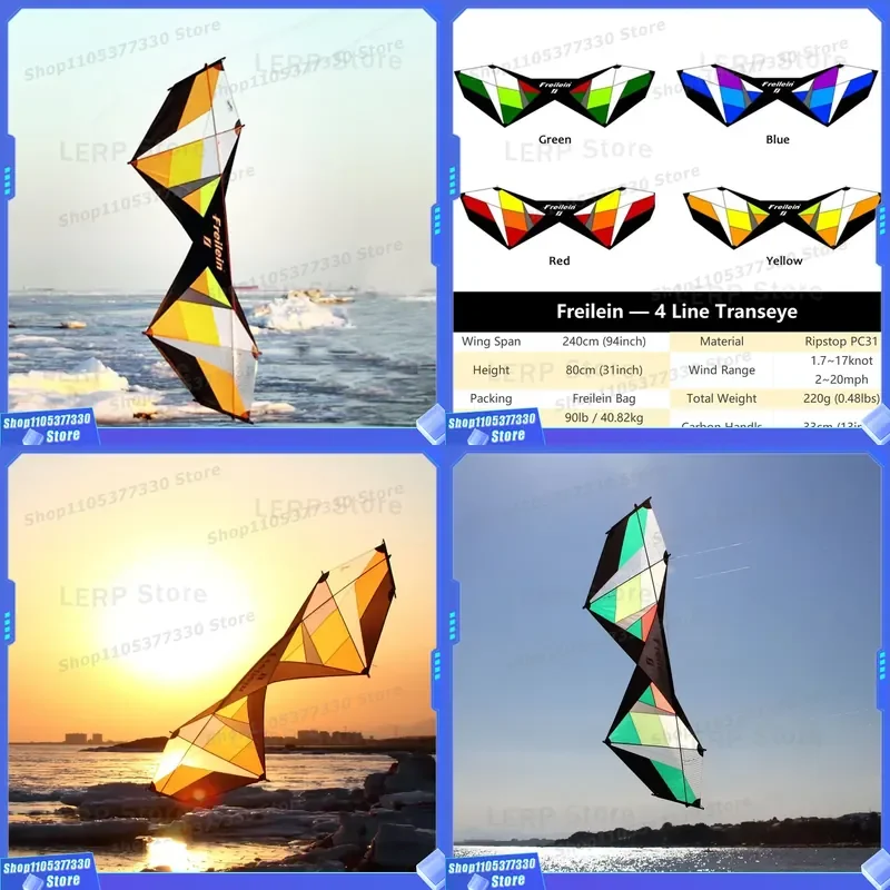 9KM Freilein 4 Line Stunt Kite 2.4m Beginner Acrobatic Beach Sports Kite 4 x 30m x 90lb Flying Lines + 33cm Control Handle +