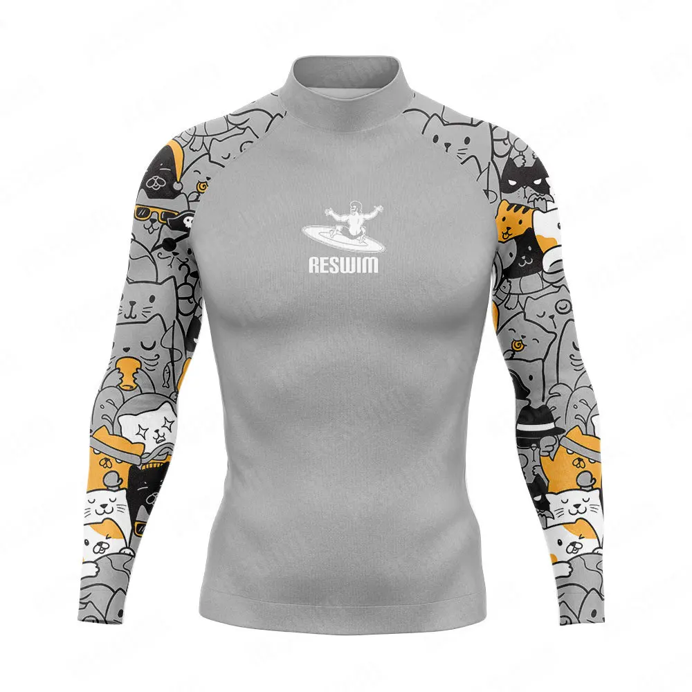 Camiseta de praia de manga comprida masculina, proteção UV Rash Guard Swimwear, roupas de surf, maiô engraçado, esportes aquáticos, 2024