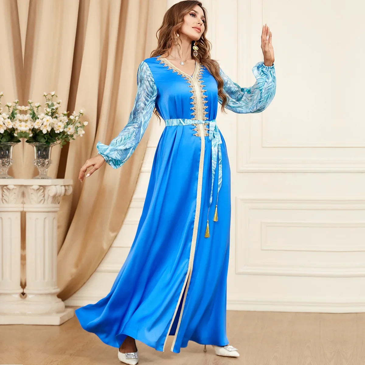 Elegante muslimische Maxi kleider für Frauen Sommer muslimische Langarm Kaftan lange Kleider mit V-Ausschnitt Dubai Abaya muslimische Abaya Kleid Outfits