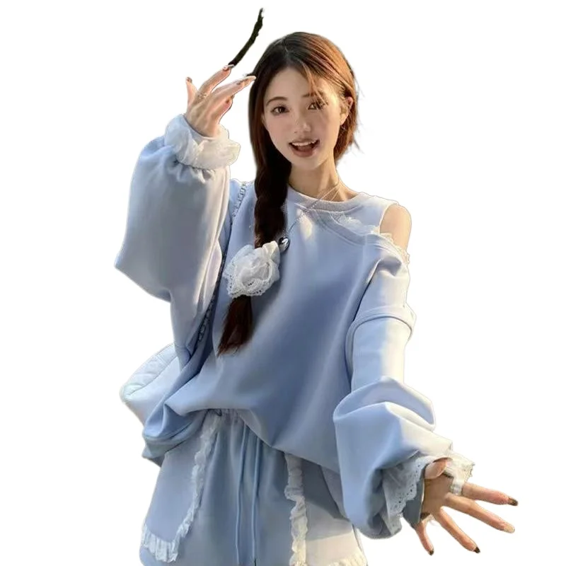 Blue Sweet  Fashionable Spring Set for Women Featuring Alarge-sized Lace Patchwork Off-the-shoulder Hoodie  Slimming Short Skirt