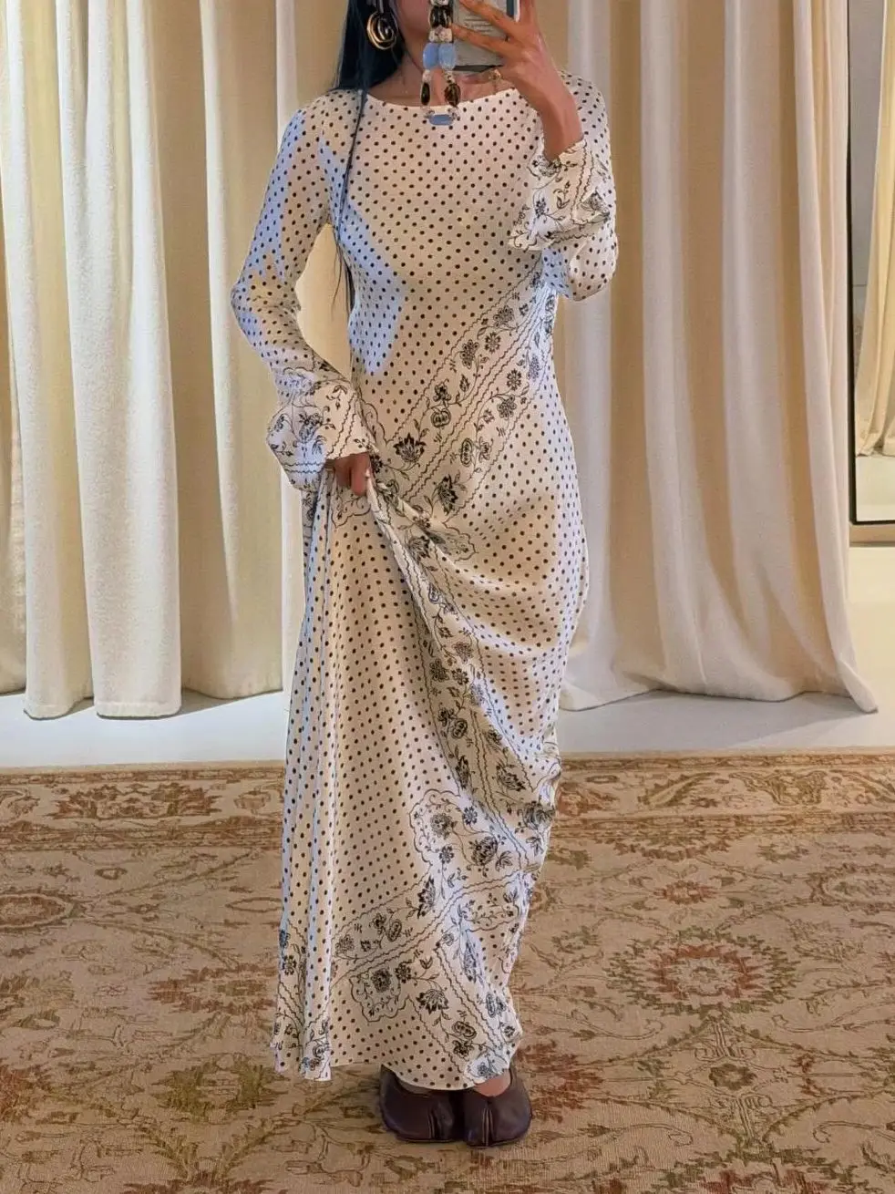 Polka Dot Flower Print Women's Maxi Dress 2026 Diagonal Cut Boat Neck Long Sleeve High Waist Elegant Slim 100% Silk Dresses