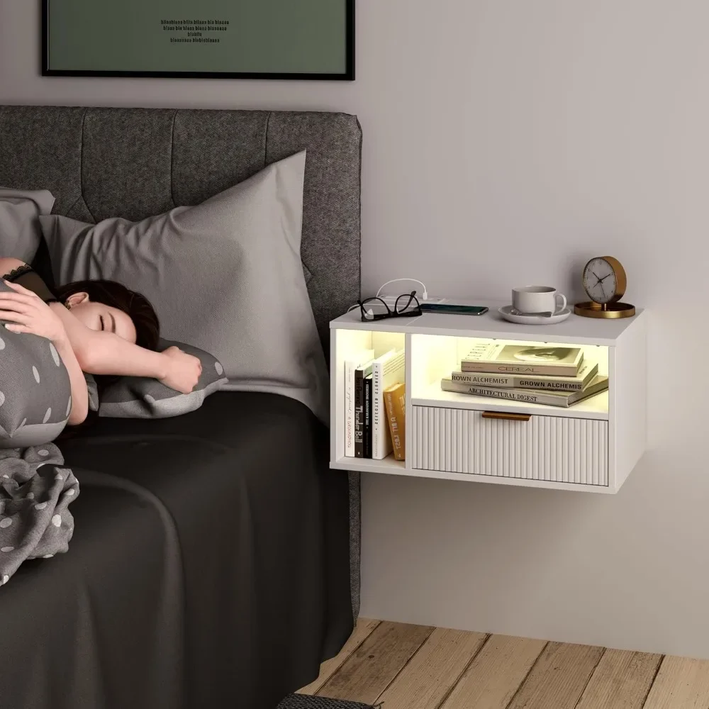 

White Floating Nightstand with Charging Station and LED Lights,White