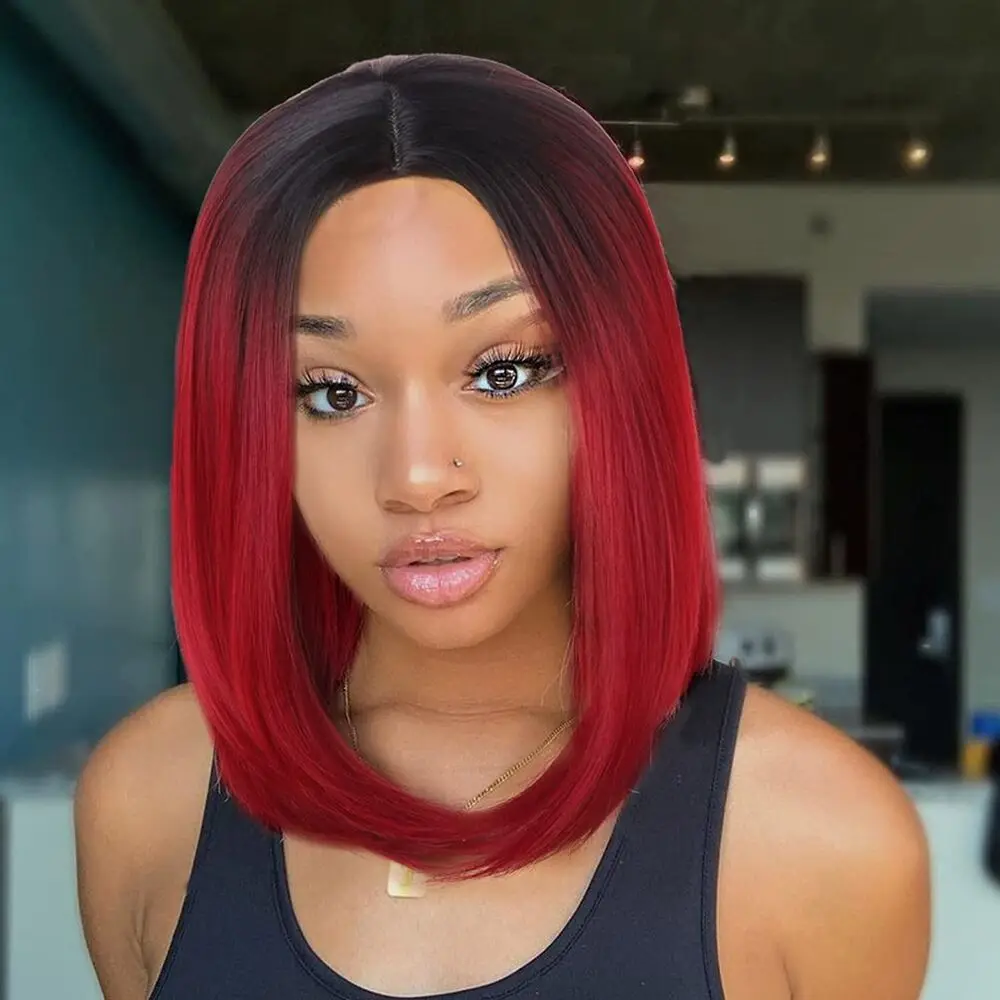 Ombre 99J Red Short Bob Wigs with Dark Roots Ombre Wig Cosplay Costume Wigs USA