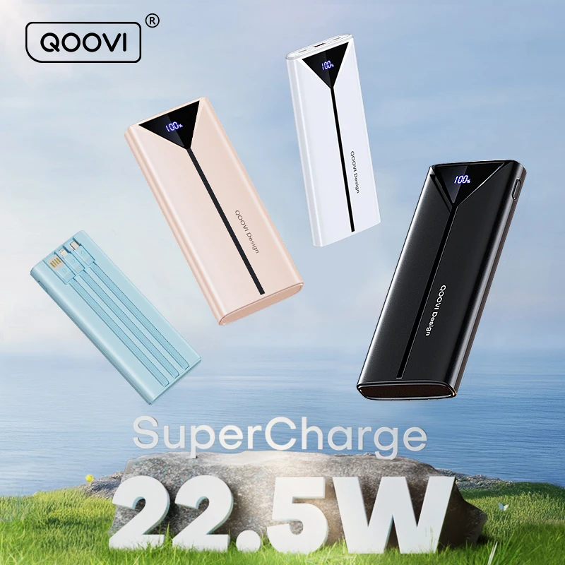 

QOOVI 10000mah Power Bank 22.5W Fast Charging Built-In Cable External Battery Portable Charger For iPhone 17 16 Samsung Xiaomi