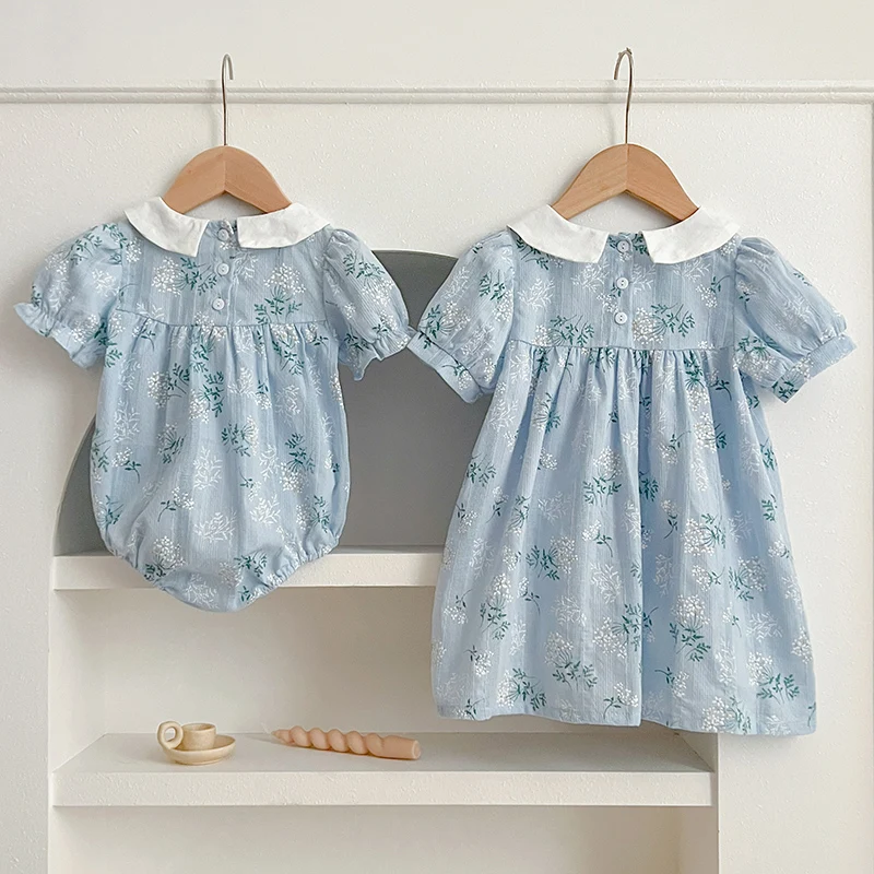 2024 New Summer Sister Clothing Kids Princess Dresses Infant Baby Jumpsuit Short Sleeved Cotton Print Baby Girl Party Dress