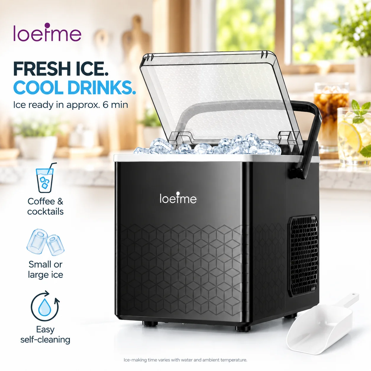 LOEFME Portable Ice Maker 12kg/24h 8 Bullet Ice Cubes in Approx 6 Mins Self Cleaning 2 Ice Sizes 0.8L Water Tank Countertop Ice Machine with Carry Handle and Ice Scoop for Home Kitchen Office RV Iced