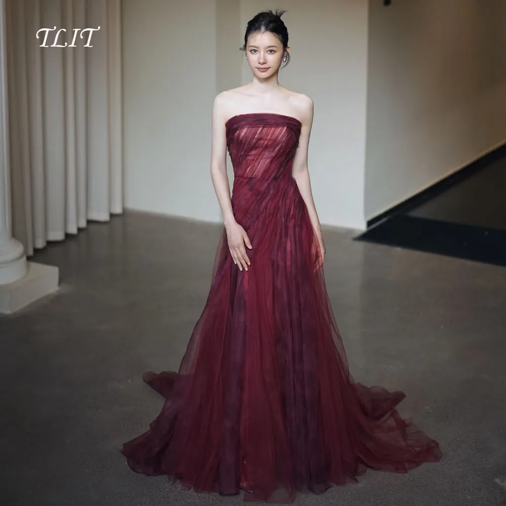 TLIT ง่ายไวน์แดง Tulle ชุดราตรีที่กําหนดเอง เกาหลีชุดแต่งงานถ่ายภาพ Strapless Sweep Train Gowns