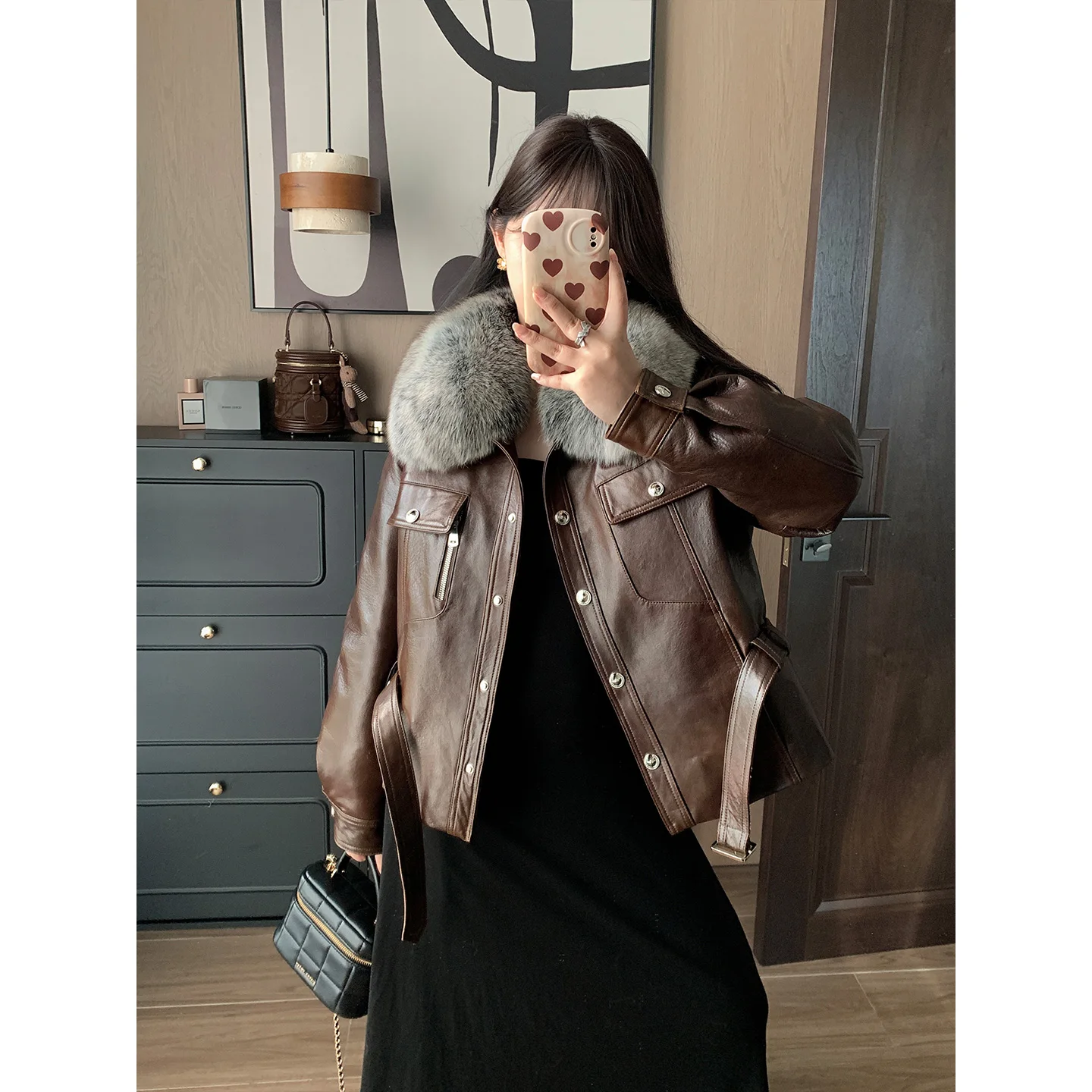 2025 automne hiver mode femmes veste en cuir col de fourrure manteaux courts à manches longues vestes à glissière femmes haute rue loisirs manteau