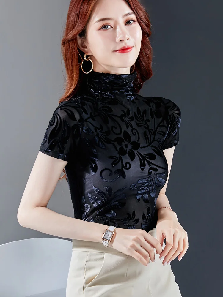 2024 Trend Mesh Female T-shirt Spring Summer Korean Version Woman M-3XL Short Sleeves Slim Turtleneck Pullover Velvet