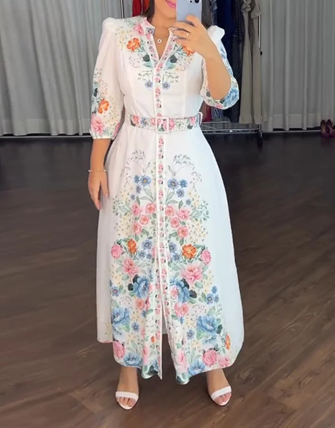 

Flower Print V-Neck Seven Quarter Sleeve Waist Cinched Lace Up Detail Shirt Dress Casual A-Line Summer Elegant Long Skirt