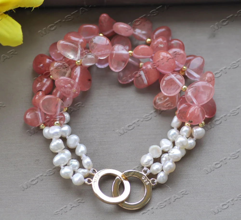 

Z12537 3Row 8" 14mm White Baroque Pearl Red Crystal Melon Seed Bracelet