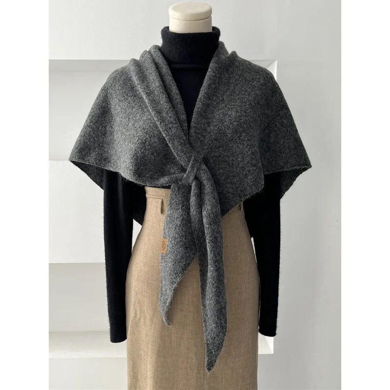 Solid Color Knitted  Shawl Wool Blend Warm Neck Protective Cape Versatile Winter Outer Layering Wrap For Women