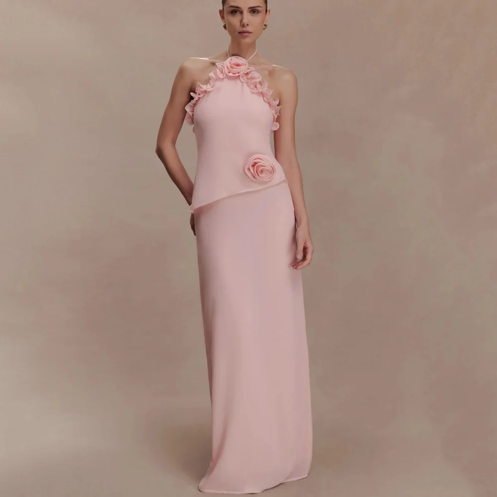 

Индивидуальный пошив: Вечернее платье-футляр с бретелью через шею, без рукавов, с цветочным декором, простое, для вечеринок.