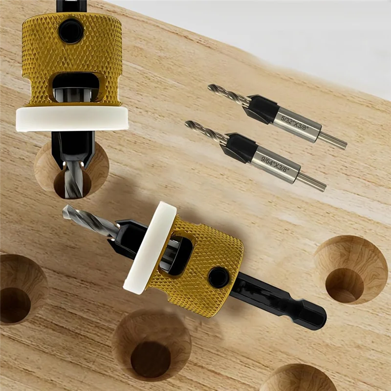 A43F-Sechskantschaft-Senkerbohrer-Set, 1/8 Zoll, 9/64 Zoll, 5/32 Zoll, Holzbearbeitungs-Senkerbohrer + einstellbarer Bittiefenanschlag