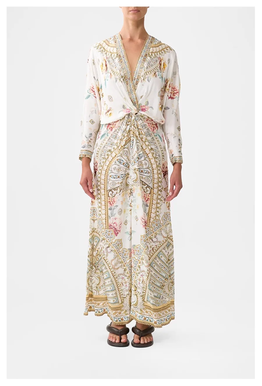 

Crystal Beaded Women Retro Print Maxi Dress Autumn V-Neck Knot Design Waist Long Sleeve Elegant Ladies 100% Silk Robe