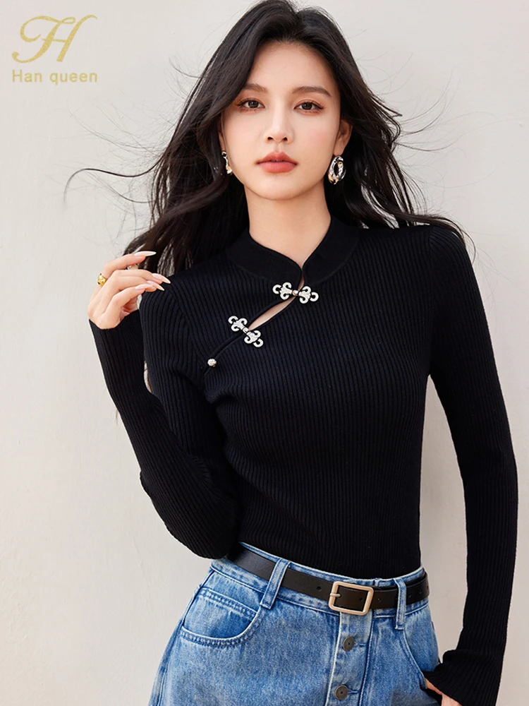 H Han Queen 2024 Autumn Tops Sweater Long Sleeve Black Vintage Casual knitted Pullover Sweaters Korean Style Women\'s Clothing