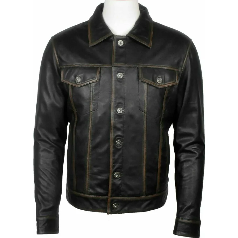 

Mens Trucker Black Real Soft Genuine Leather Biker Cafe Racer Vintage Jacket