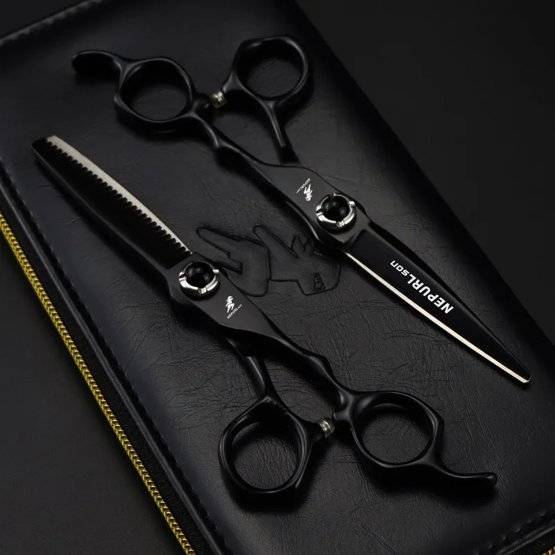 6.0-inch black hair scissors, made of high-grade 440c steel,  suitable for both home use and hair salons.