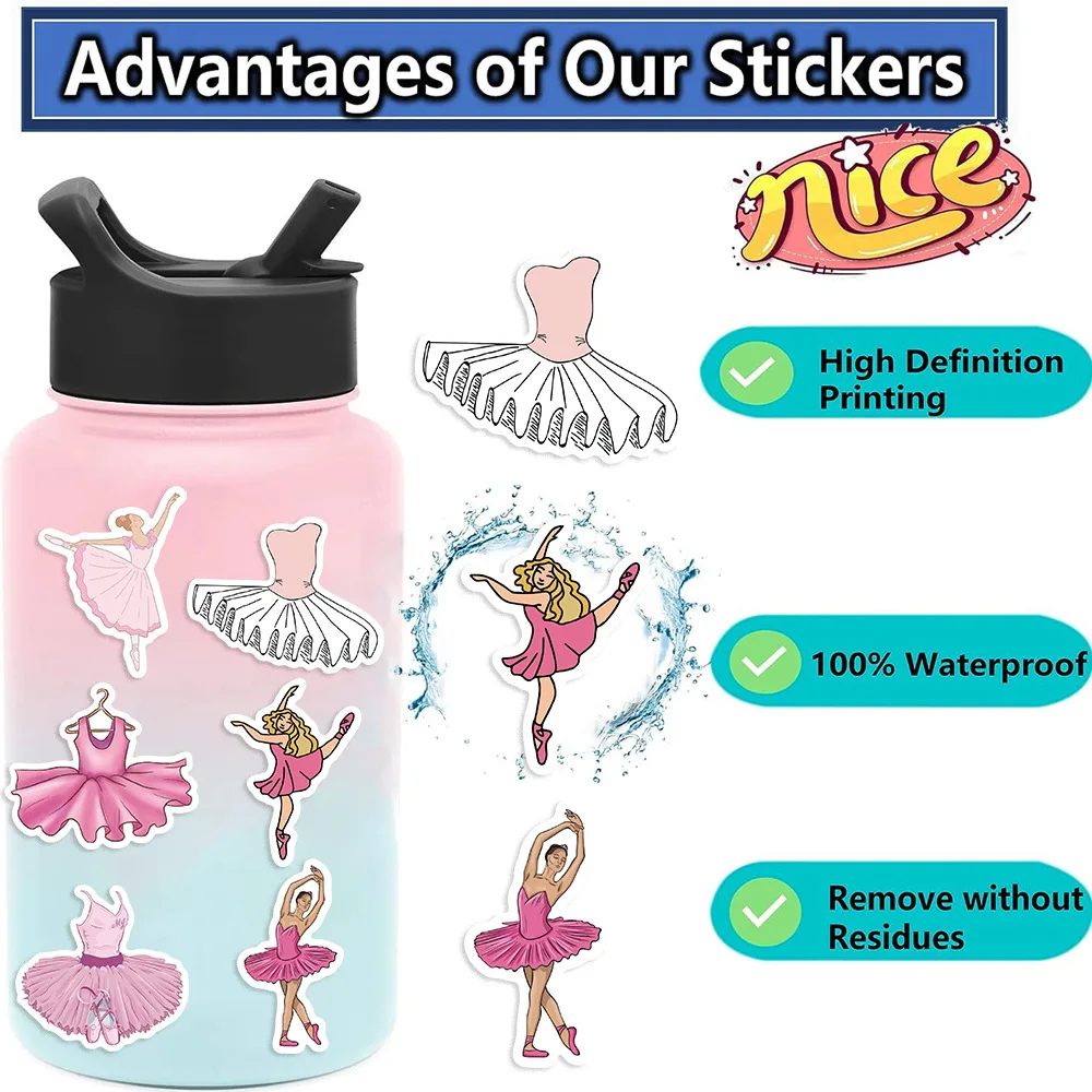 10/30/50pcs Girls Pink Ballet Cartoon Stickers Decoration Phone Bike Skateboard Notebook Fridge PVC Waterproof Graffiti DIY Toys