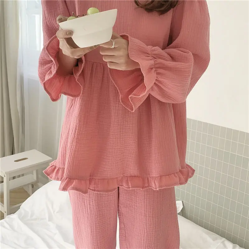 Pajama Sets Women Solid Ruffles Creativity Lovely Age-reducing All-match Korean Style Leisure Trendy Simple Home Prevalent Lace