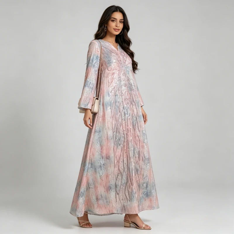 

Muslim Women Party Dress Embroidery Abaya Dresses Jalabiya Sequins Vestidos Arab Long Robe Ramadan Morocco Dubai Eid Kaftan