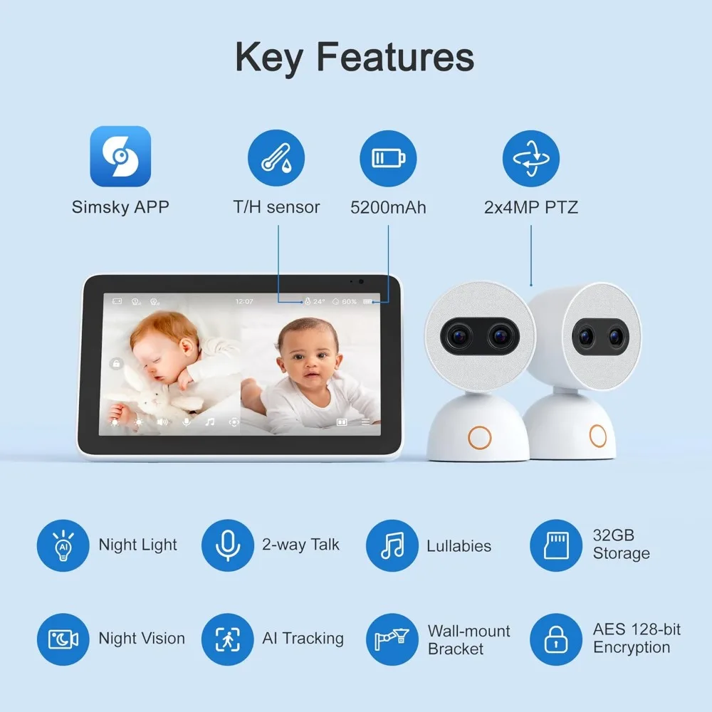 Split Screen Video Baby Monitor with 2 Cameras, 2× 4MP Resolution, 7" HD Touch Screen Smart Audio Baby Monitor, 6X Optical Qual