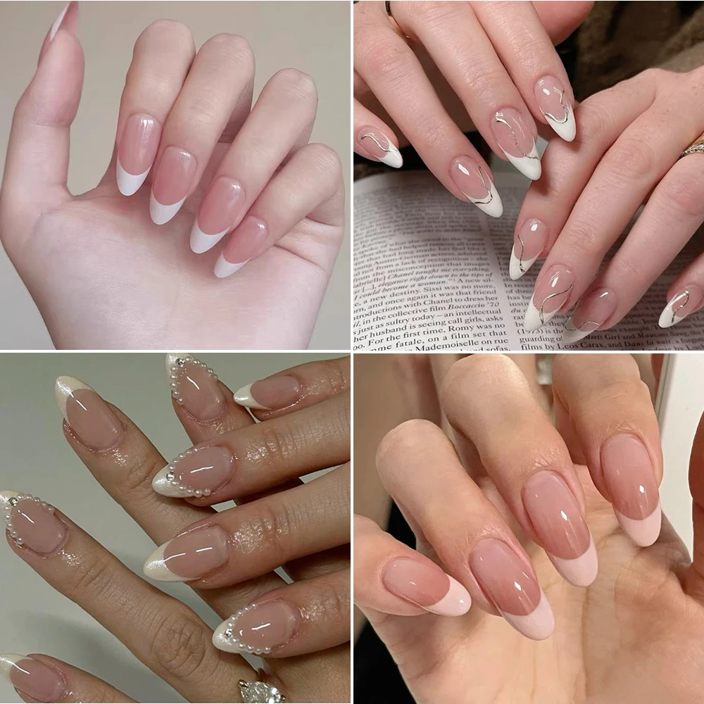 120/150 Uds uñas postizas cortas de almendra diseño de borde blanco prensa francesa en uñas cubierta completa Stiletto usable extensión de punta de uña falsa