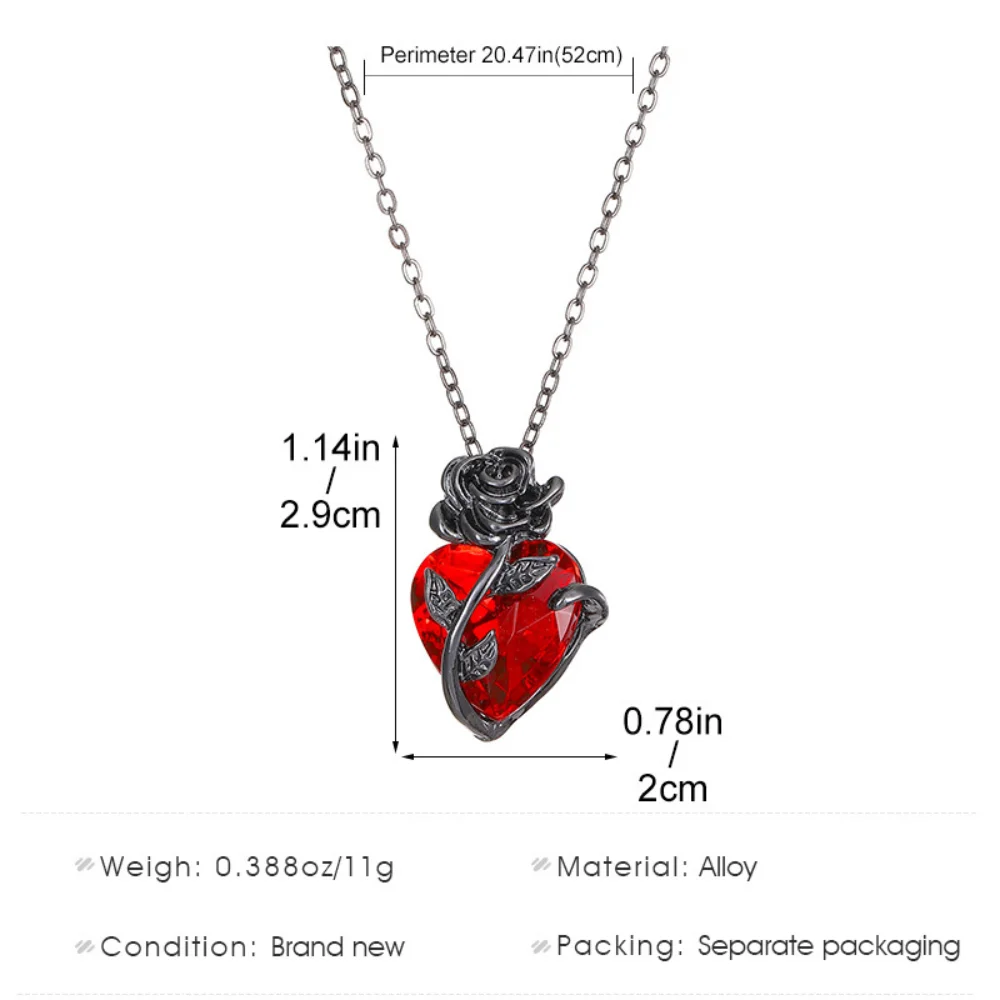 Goth Style Red Heart Crystal Pendant Necklace for Women Retro Dark Rose Flower Collarbone Chain Hallowmas Jewelry Anniversary