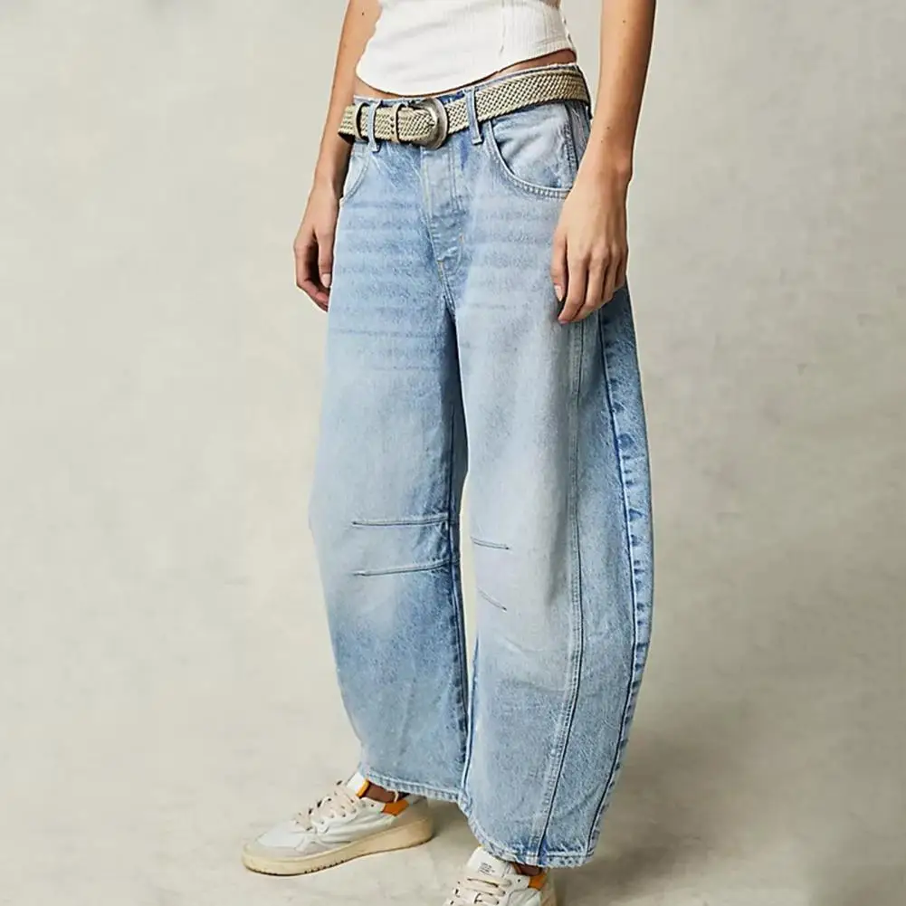 Baggy Jeans Women Denim Trousers Stylish Women's Wide Leg Jeans with Pockets Button Placket Loose Fit Ninth Pants in Solid for A