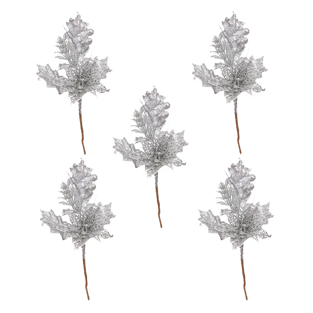 

5Pcs Artificial Glitter Leaves Christmas Picks Xmas Tree Decor Unique Shiny Design Bright Colors Celebration Decoration