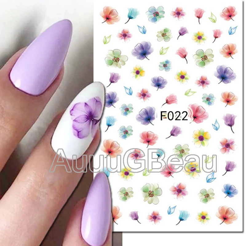 

3d Nail Art Decals Red Purple Blue Florals Watercolor Flowers Adhesive Sliders Nail Stickers Decoration For Manicure