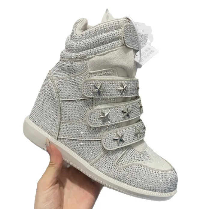 Damen Strass High-Top Sneakers mit Verstecktem Keilabsatz, Stern-Dekor, Klettverschluss, Modische Plateau-Stiefeletten